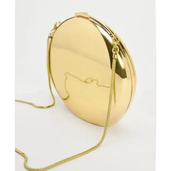 NWT Zara Metallic Oval Minaudiere Bag Purse Clutch Shoulder Chain Metallic Glam - Picture 2 of 7